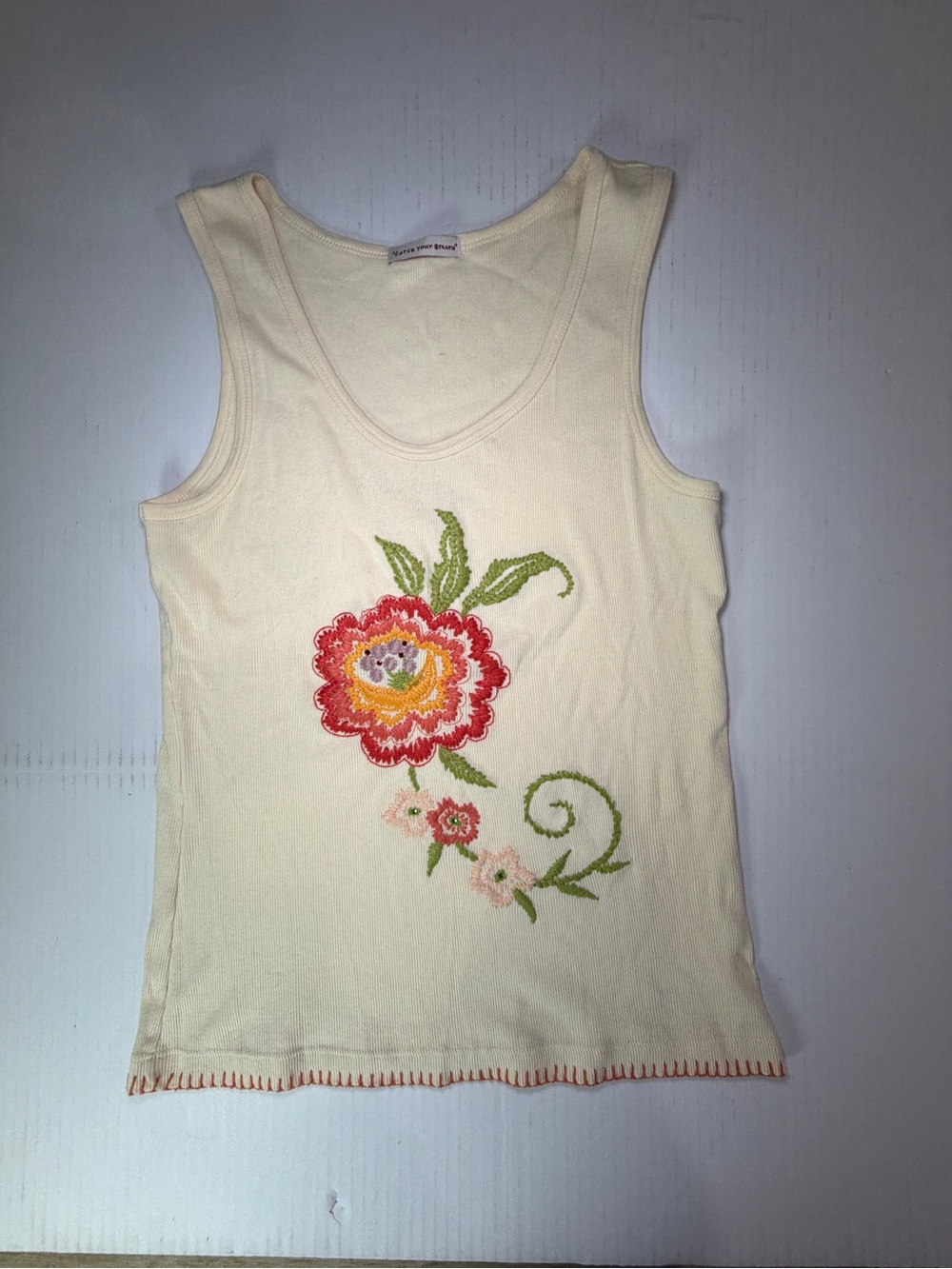 Vintage 90’s Y2K Embroidered Floral Cream Tank Top